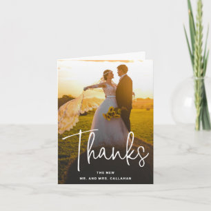 Modern Simple White Script Overlay Wedding Photo Thank You Card