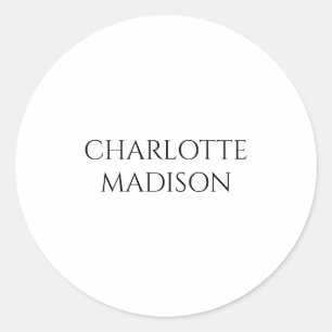 Modern Simple White Trendy Minimalist Plain Name Classic Round Sticker