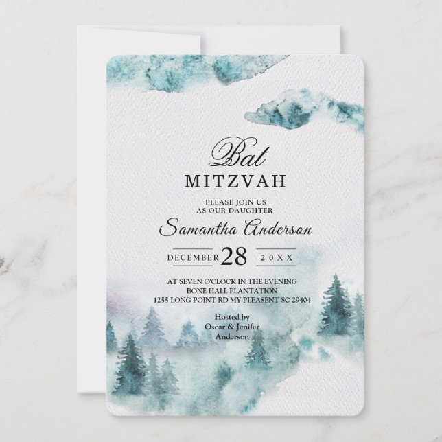 Modern Simple Winter Green & White Trees Invitatio Invitation (Front)