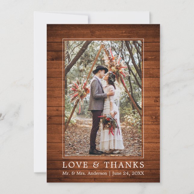 Modern Simple Wood Love Thanks Wedding Photo Thank You Card (Front)