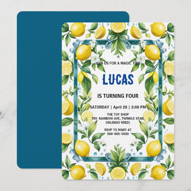 Modern Simple yellow Lemon watercolor birthday Invitation (Front/Back)