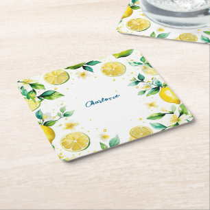 Modern Simple yellow Lemon watercolor birthday Square Paper Coaster