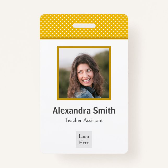 Modern Simple Yellow White Polka Dots Professional ID Badge (Front)