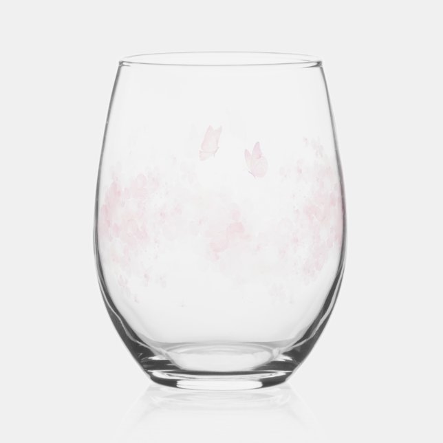 Modern simplepink butterfly floral Flowers wedding Stemless Wine Glass (Front)
