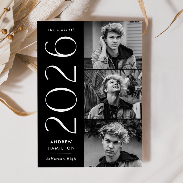 Modern Simplicity Black 3 Photo 2025 Graduation Announcement (Creator Uploaded)