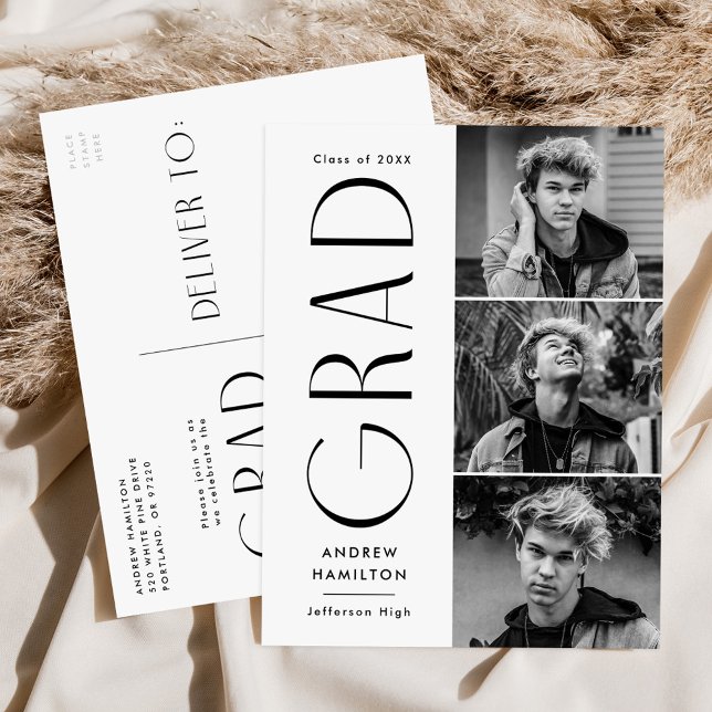 Modern Simplicity Black 3 Photo Graduation Party Invitation Postcard (Creator Uploaded)