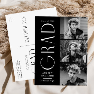Modern Simplicity Black 3 Photo Graduation Party Invitation Postcard