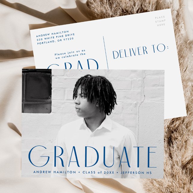 Modern Simplicity Blue Photo Graduation Party Invitation Postcard (Creator Uploaded)