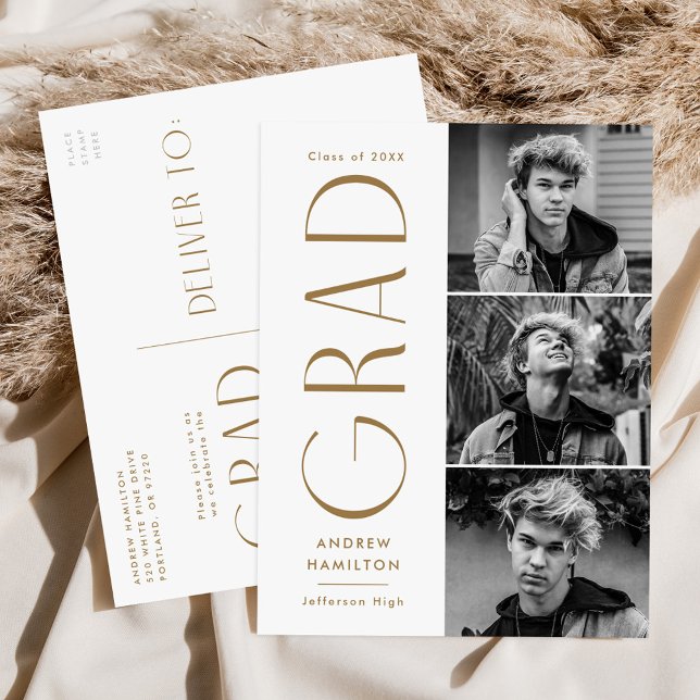 Modern Simplicity Brass 3 Photo Graduation Party Invitation Postcard (Creator Uploaded)