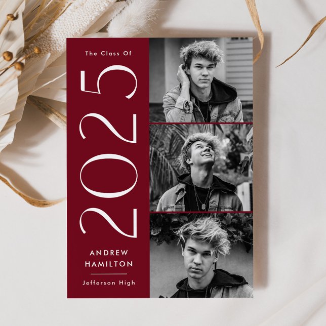 Modern Simplicity Burgundy 3 Photo 2025 Graduation Announcement (Creator Uploaded)