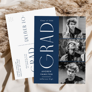 Modern Simplicity Navy 3 Photo Graduation Party Invitation Postcard