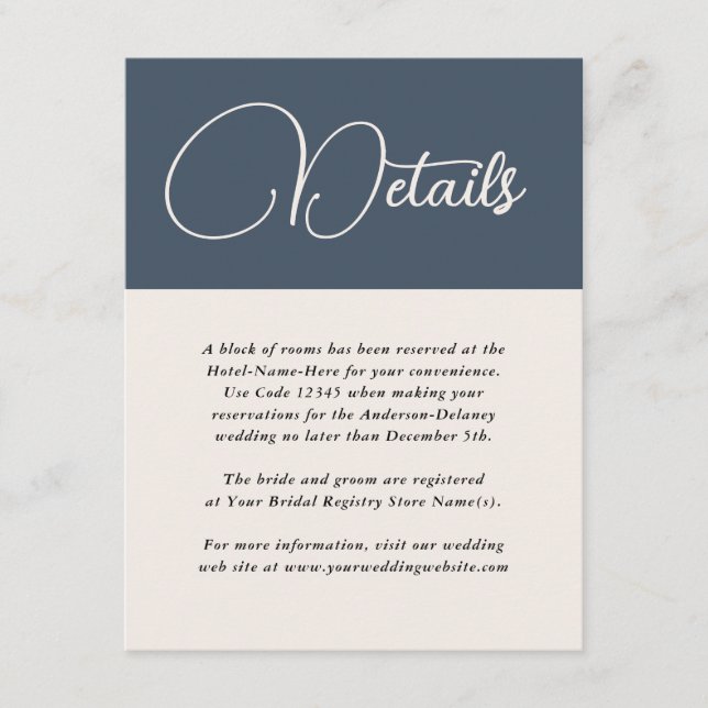 Modern Simplicity Navy Blue Wedding Details Enclosure Card (Front)