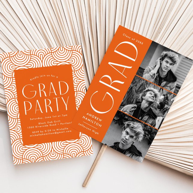 Modern Simplicity Orange 3 Photo Graduation Party Invitation (Creator Uploaded)