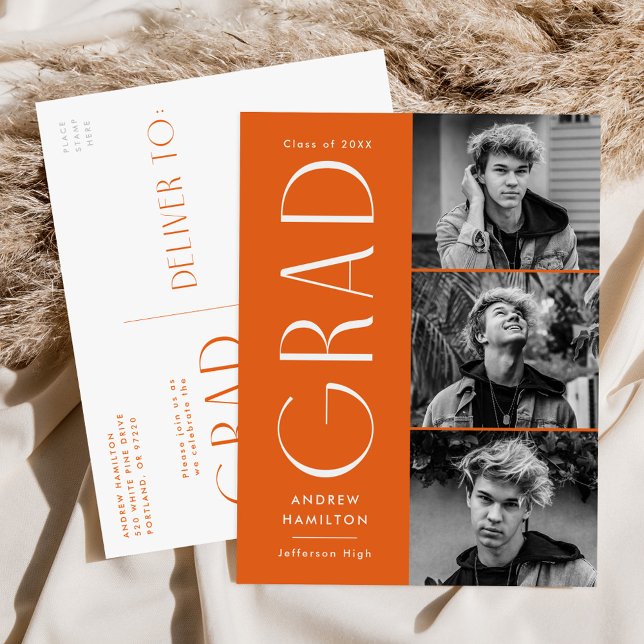Modern Simplicity Orange 3 Photo Graduation Party Invitation Postcard (Creator Uploaded)