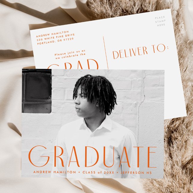 Modern Simplicity Orange Photo Graduation Party Invitation Postcard (Creator Uploaded)