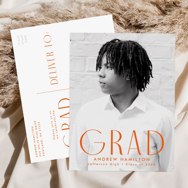 Modern Simplicity Orange Photo Graduation Party Invitation Postcard (Creator Uploaded)