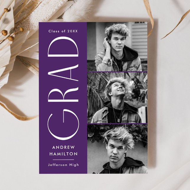 Modern Simplicity Purple 3 Photo Graduation Announcement (Creator Uploaded)