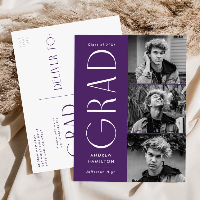 Modern Simplicity Purple 3 Photo Graduation Party Invitation Postcard (Creator Uploaded)