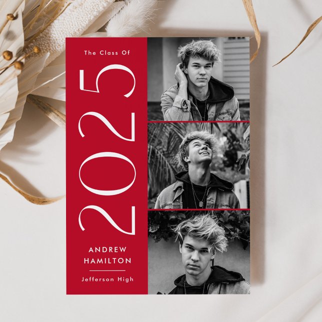 Modern Simplicity Red 3 Photo 2025 Graduation Announcement (Creator Uploaded)