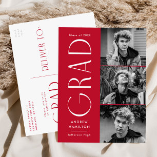 Modern Simplicity Red 3 Photo Graduation Party Invitation Postcard