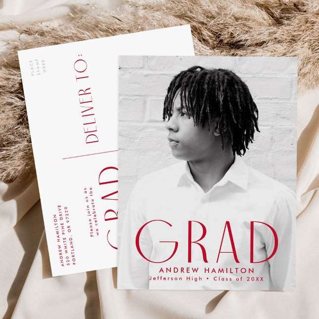 Modern Simplicity Red Photo Graduation Party Invitation Postcard (Creator Uploaded)