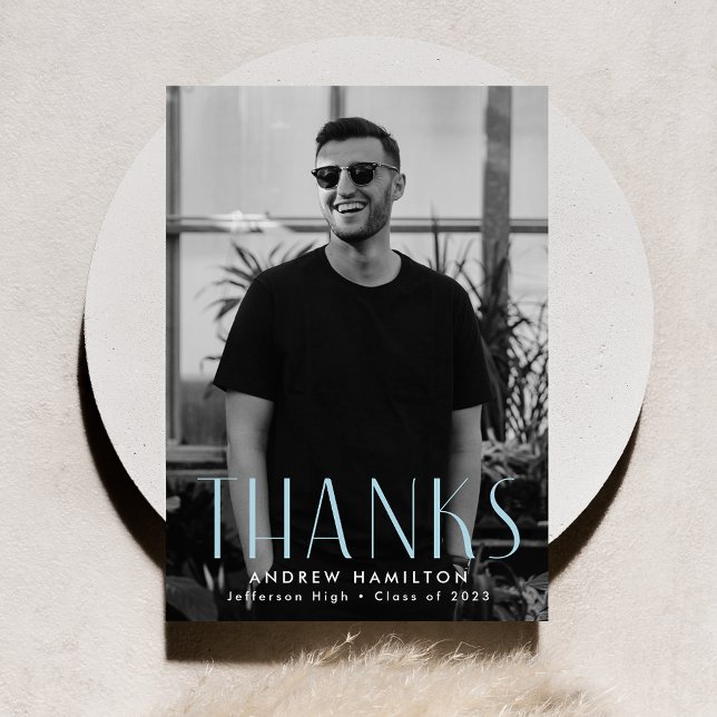 Modern Simplicity Sky Blue Photo Graduation Thank You Card (Creator Uploaded)