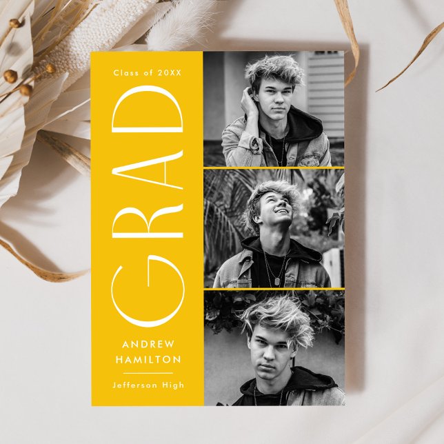 Modern Simplicity Yellow 3 Photo Graduation Announcement (Creator Uploaded)