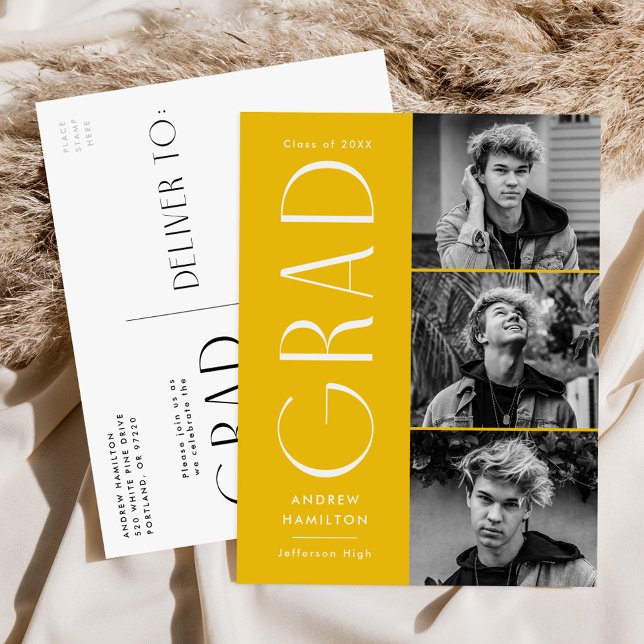 Modern Simplicity Yellow 3 Photo Graduation Party Invitation Postcard (Creator Uploaded)