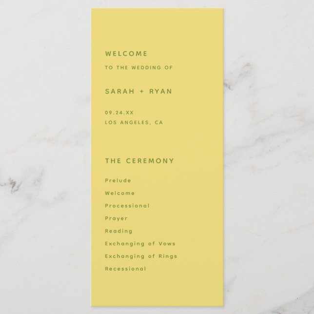 Modern Simplistic Lemon Yellow Wedding Ceremony Program (Front)