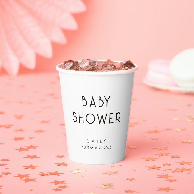 Modern Simply Text Black and White Baby Shower Paper Cups (Insitu)