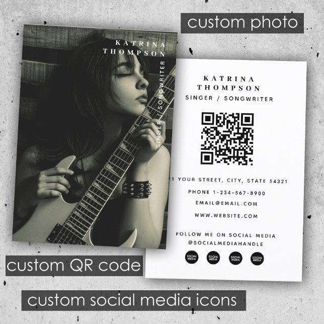 Modern Singer Musician Photo Guitarist QR Code  Business Card (Modern Singer Musician Photo Guitarist QR Code Business Card)