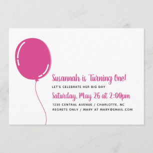 Modern Single Bright Pink Ballon Birthday Party Invitation