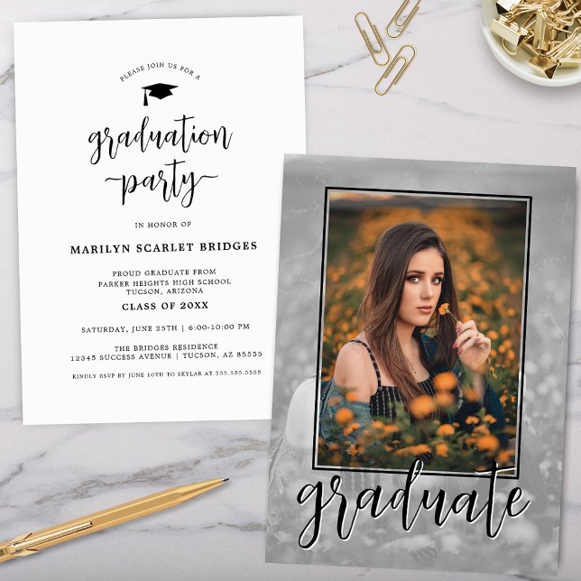 Modern Single Photo Script Graduation Invitation (unique modern simple script graduation party invitation with single photo used twice for unique card)