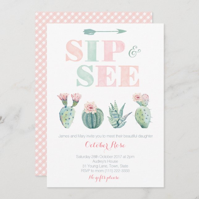 Modern Sip and See Watercolor Cactus Cards (Front/Back)