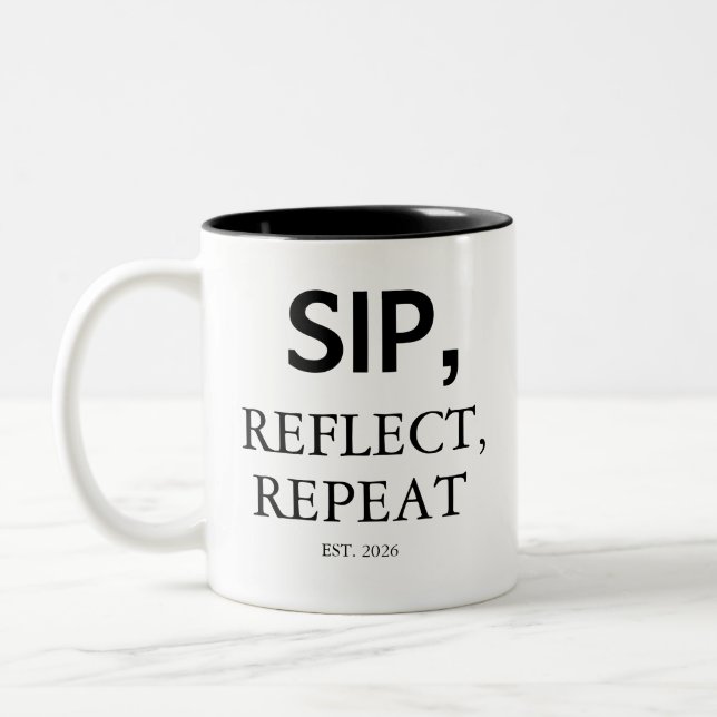 Modern Sip, Reflect, Repeat Custom Coffee Mug (Left)