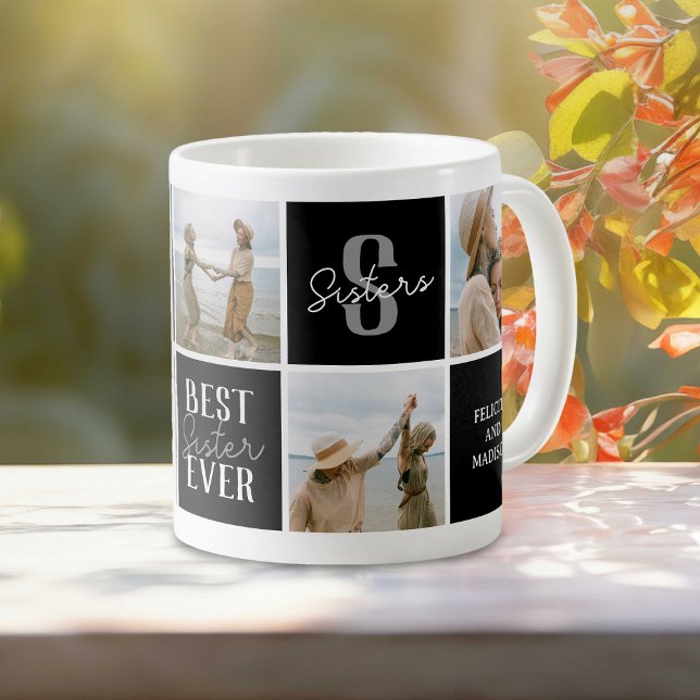 Modern Sister Sibling Photo Collage Black Coffee Mug (Creator Uploaded)