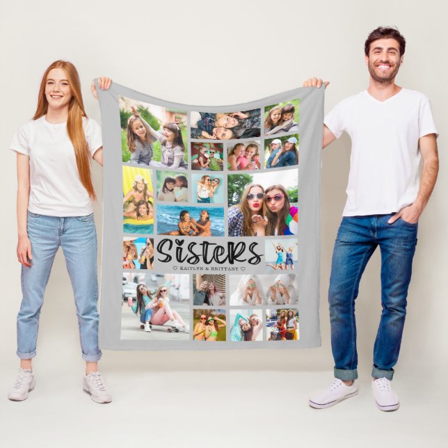 Modern SISTERS 19 Photo Collage Grey Fleece Blanket (In Situ)