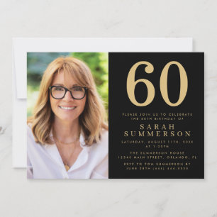 Modern Sixty Black Gold Photo 60th Birthday Invitation