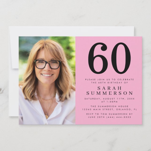 Modern Sixty Pink Black Photo 60th Birthday Party Invitation (Front)