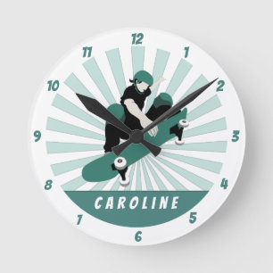 Modern Skateboarding Girls Skater Name Cool Sports Round Clock