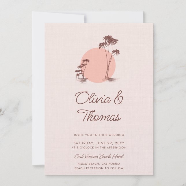 Modern Sketch Pink Palm Trees Simple Beach Wedding Invitation (Front)
