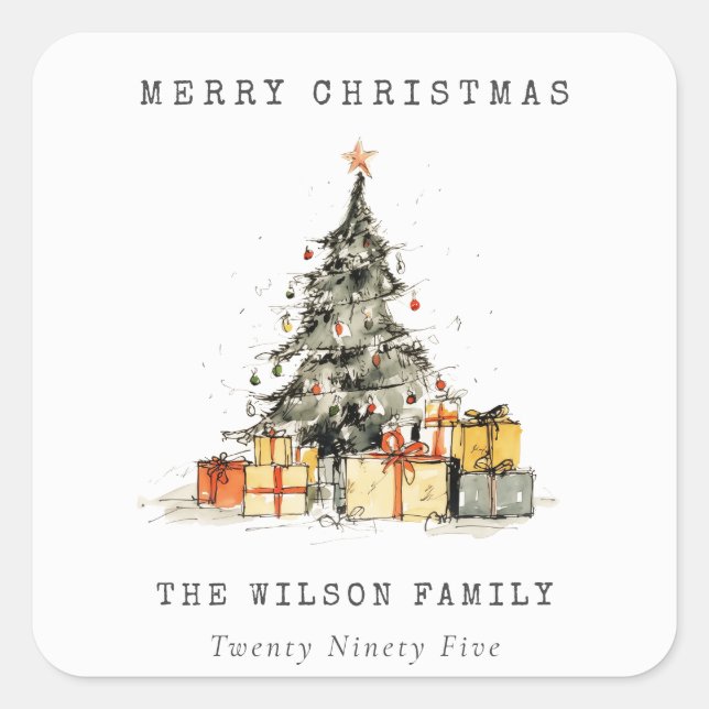 Modern Sketchy Holiday Christmas Tree Gifts Photo Square Sticker (Front)