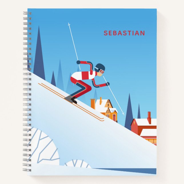 Modern Skiing Winter Ski Cartoon Personalised Name Notebook (Front)