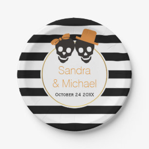 Modern skulls and stripes Halloween wedding Paper Plate