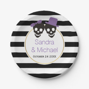 Modern skulls and stripes purple Halloween wedding Paper Plate