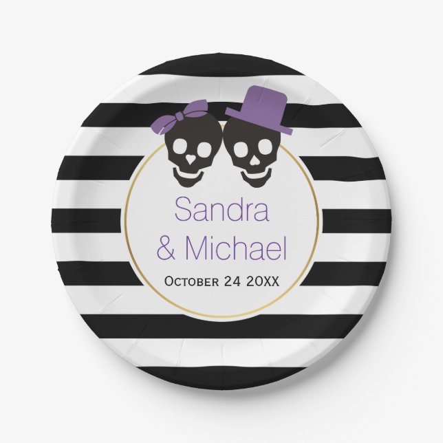 Modern skulls and stripes purple Halloween wedding Paper Plate (Front)