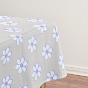 Modern Sky Blue and White Flowers on Light Grey Tablecloth
