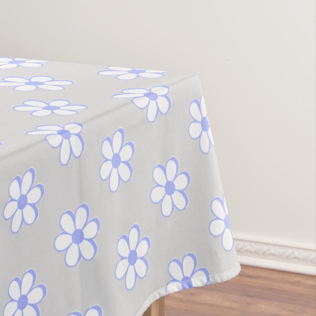Modern Sky Blue and White Flowers on Light Grey Tablecloth (In Situ)