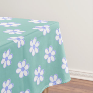 Modern Sky Blue and White Flowers on Light Teal Tablecloth