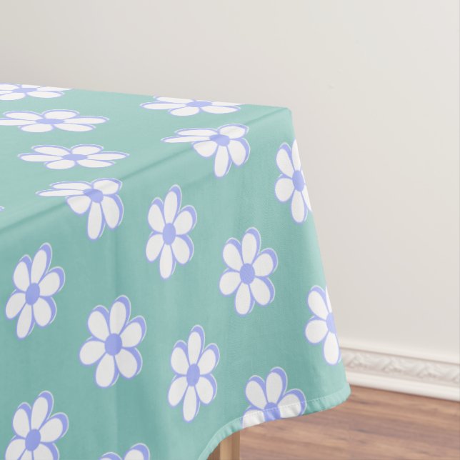 Modern Sky Blue and White Flowers on Light Teal Tablecloth (In Situ)